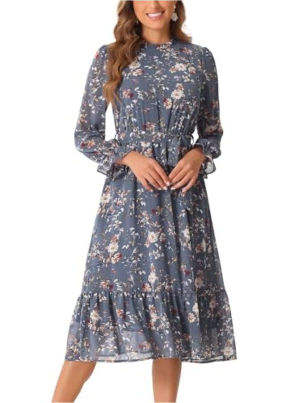 Allegra K Women's Floral Puff Sleeve Midi Dress Long Sleeve Chiffon A-Line Party